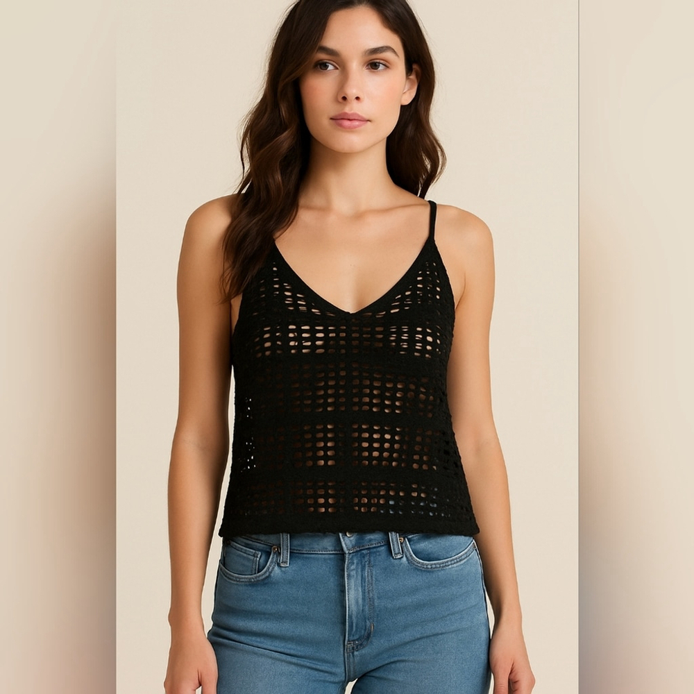 AOLRO Black Crochet Knit Beach Tank | Women's Swim Cover-Up Top
